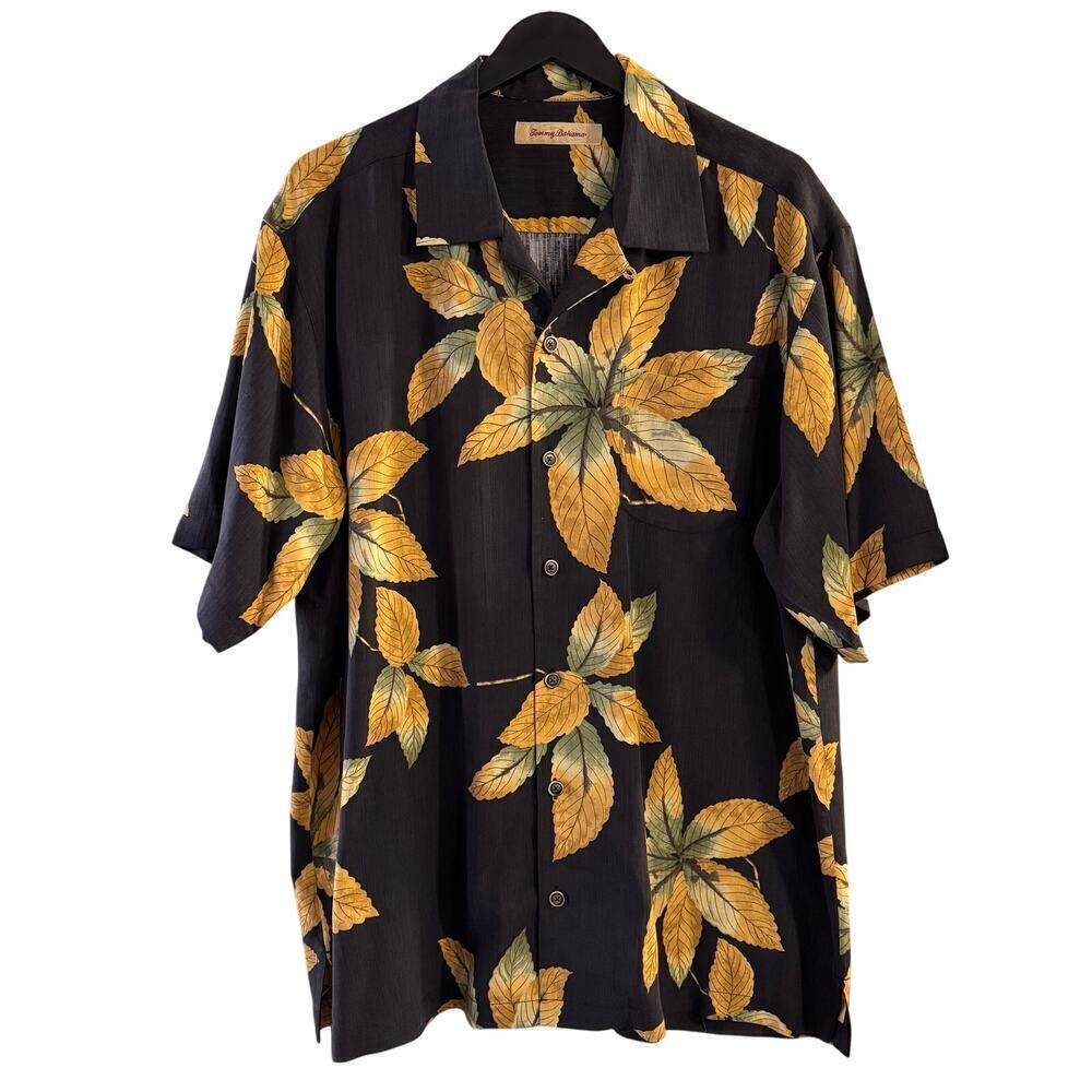 Tommy Bahama Mens Large Black Gold Leaf Silk Button Up Hawaiian Shirt Resortwear